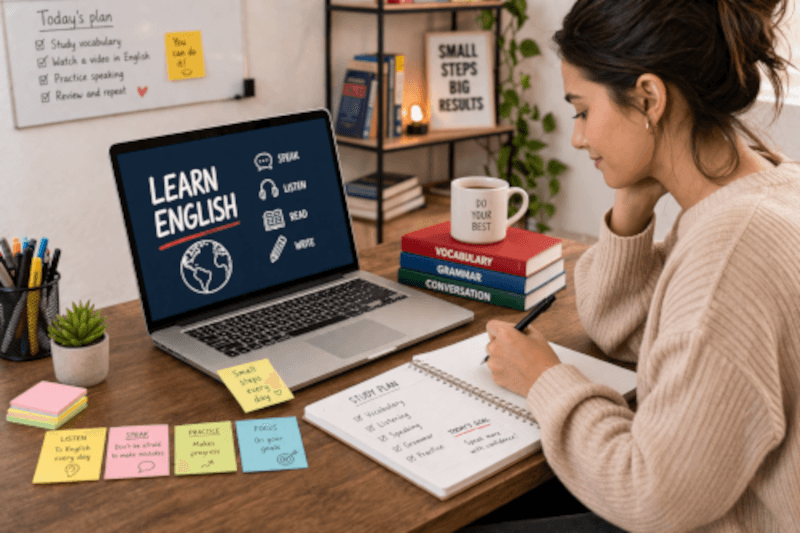Pessoa estudando inglês com foco