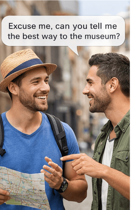 Turista se comunicando em inglês